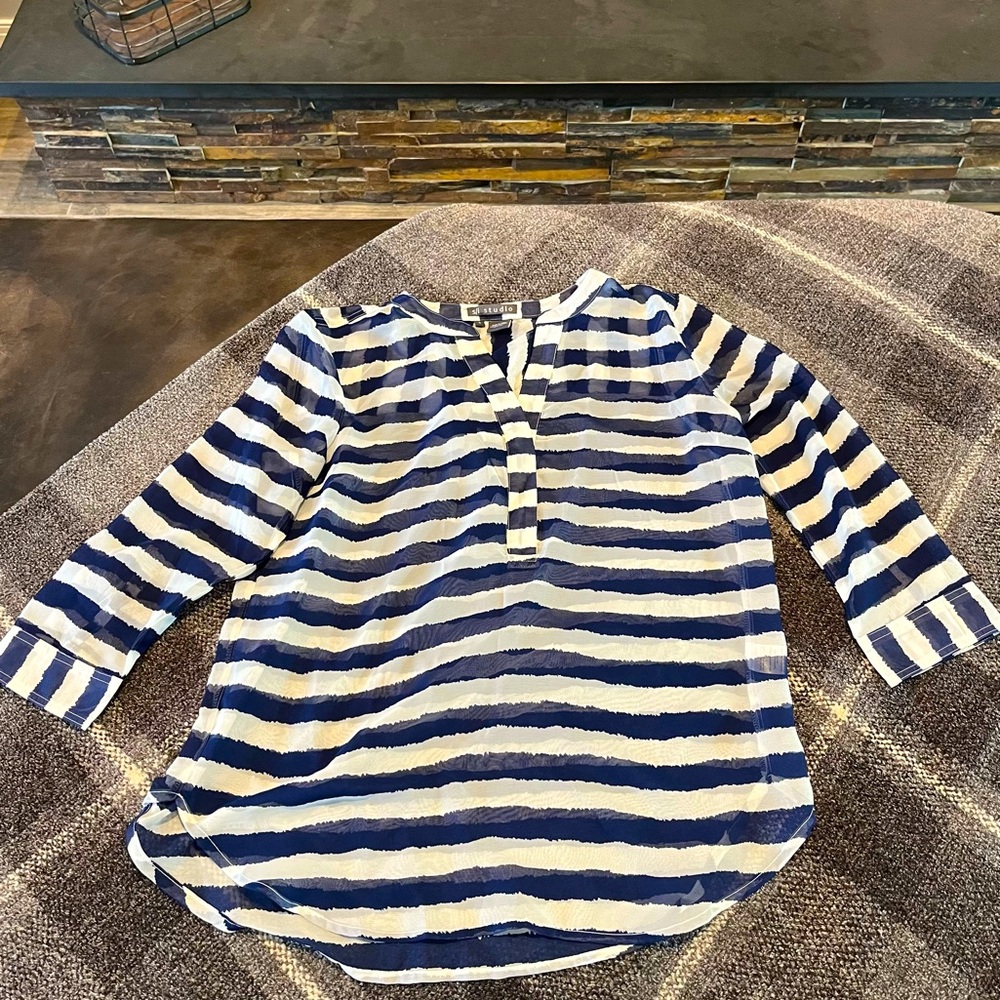 SI studio blue and white stripped sheer blouse. Size Small